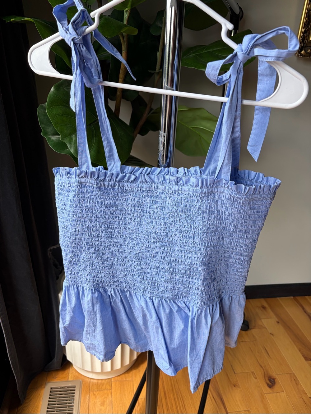 J. Crew Light Blue Tie-Shoulder Smocked Peplum Tank Top Sz Large